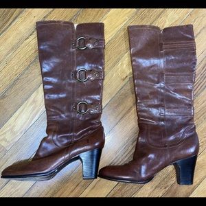 FRYE Fiona 3 Strap Ring Brown Leather Tall Pull On Heel Boots Anthropologie 10